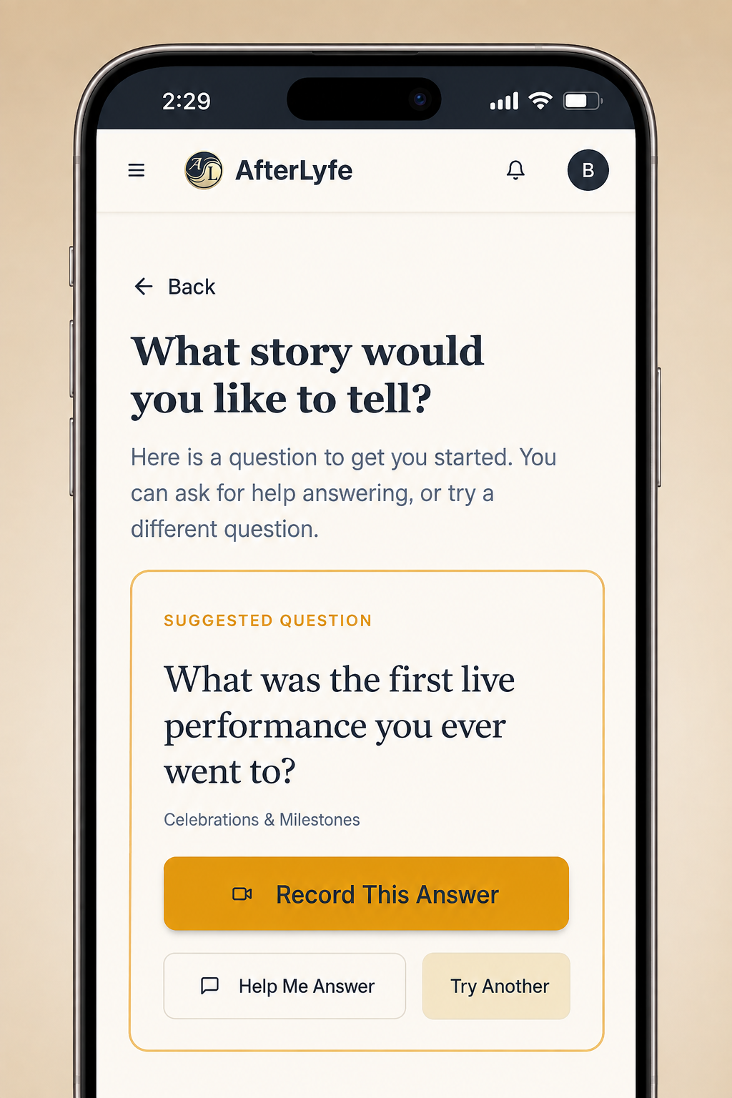 AfterLyfe Guided Stories screen showing a suggested question and options for answering